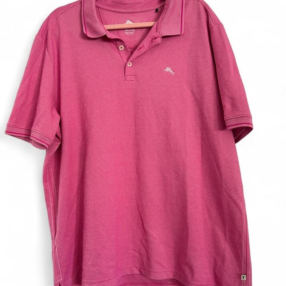Men’s Plus Size Tommy Bahama pink & white horizontal stripes polo shirt- XXL